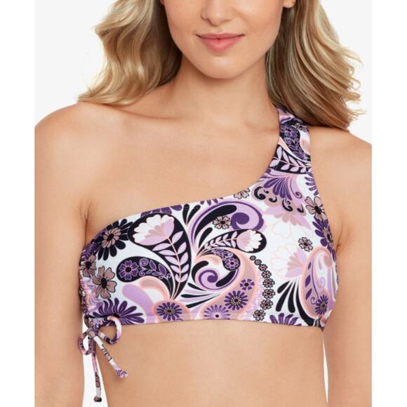 SALT COVE JUNIORS SZ LARGE PRINTED ONE-SHOULDER SWIRL TWIRL PURPLE TAUPE NEW! - Picture 1 of 7